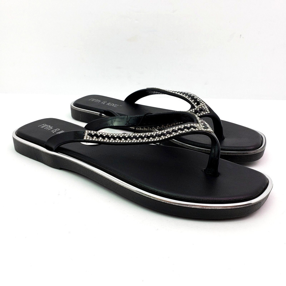 Fifth & Luxe Womens Sz 7/8 Black Silver Rhinestone Slip On Fashion Thong Sandals